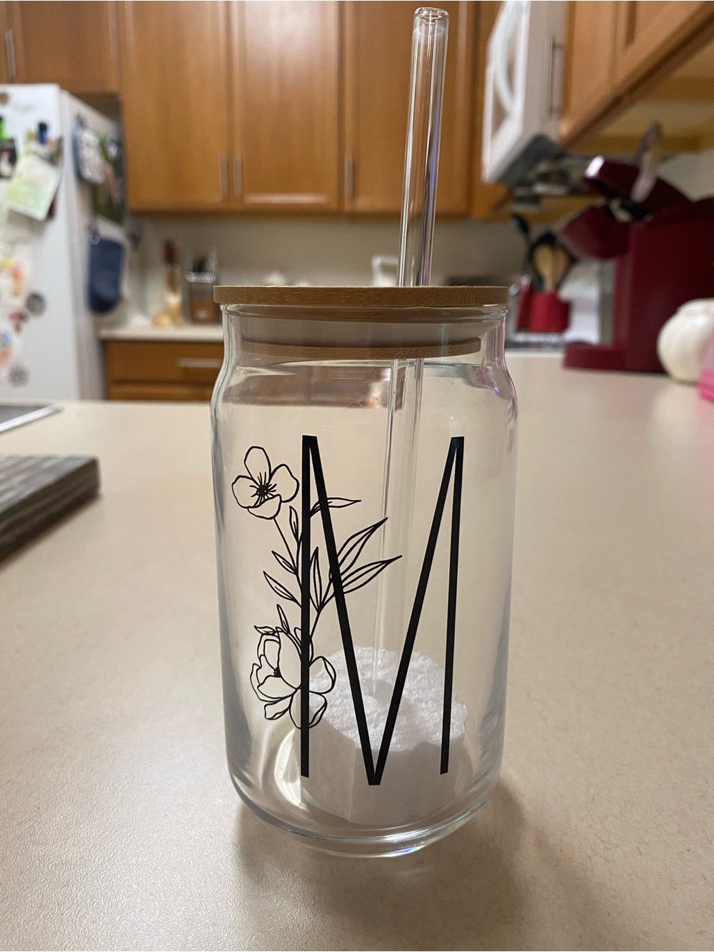 Monogram Glass Tumbler with Straw and Wood Lid - Letter M
